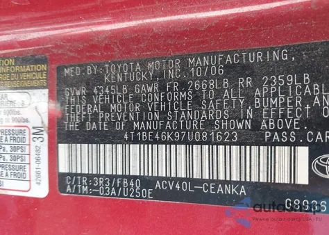 2007 Toyota Camry Le from USA, damaged, VIN 4T1BE46K97U081623